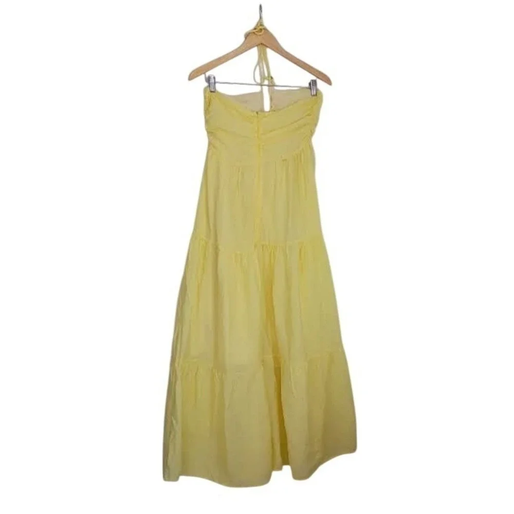 Cottagecore Boho Yellow Textured 100% Cotton Tiered‎ Maxi Halter Dress S NWOT